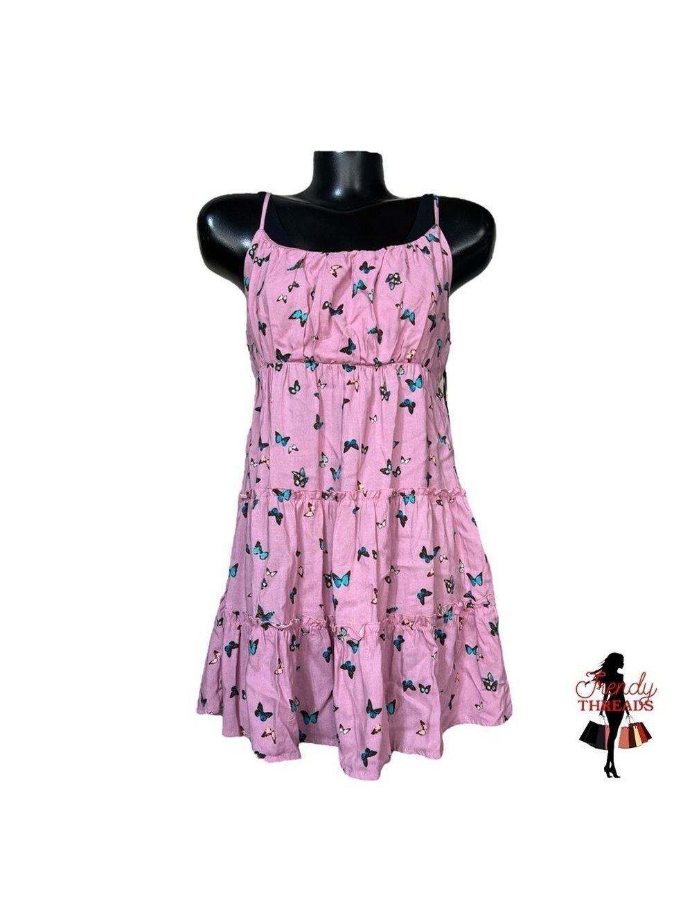 Liberty Love NEW Tiered Mini Summer Dress Butterfly Print Pink Feminine Ruffles